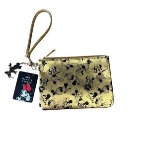 Disney Gold Minnie Mouse Clutch Purse w/Wrist Strap 5.5" Metallic Souvenir NEW